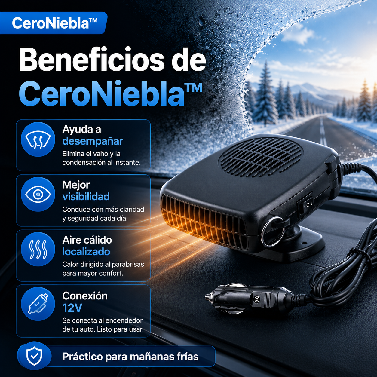 CeroNiebla™ Calefactor portatil para auto